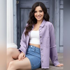 Lightweight Raw Hem Jean Shacket Oversized Boyfriend Exposed Seam Denim Jacket